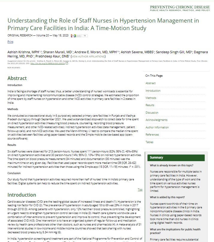 Understanding the Role of Staff Nurses in Hypertension Management in Primary Care Facilities in India: A Time-Motion Study