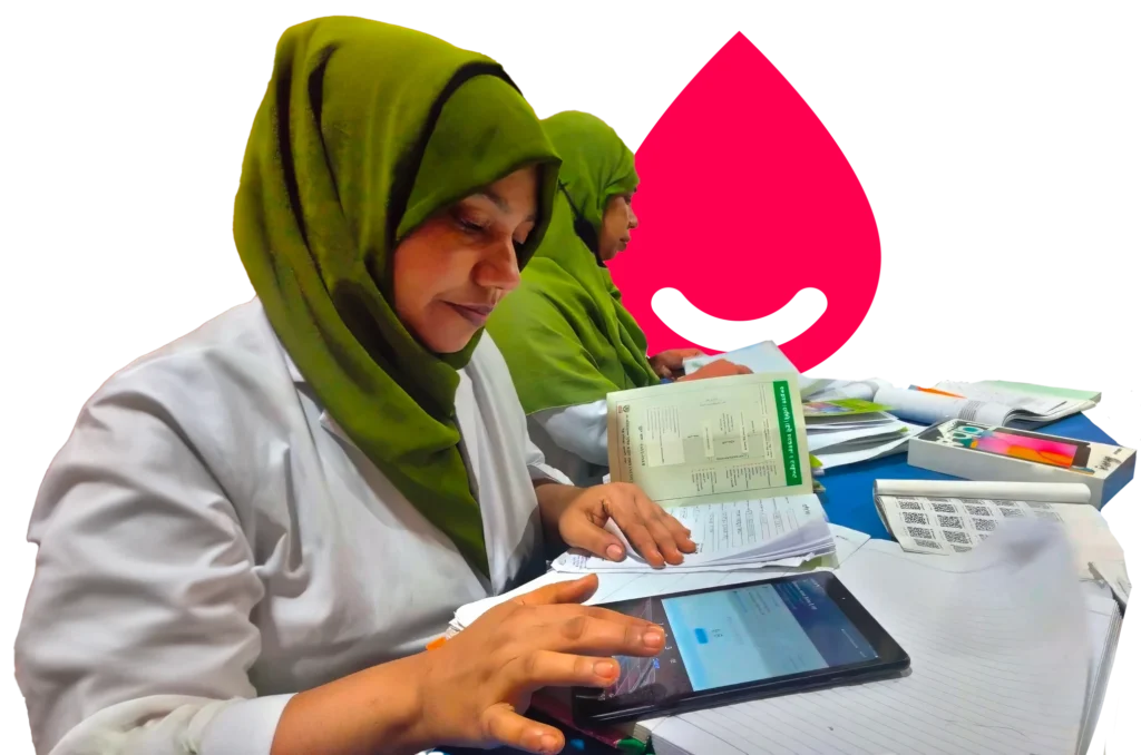 A montage of two health care workers recording blood pressure results on the Simple app, with the red blood drop logo for Simple in the background